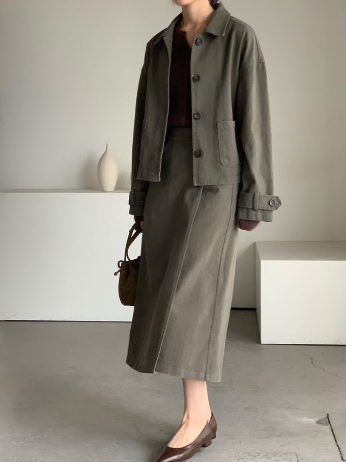 韓國女裝連線 - 後鬆緊鈕扣點綴A字長裙-灰軍綠 (FREE)