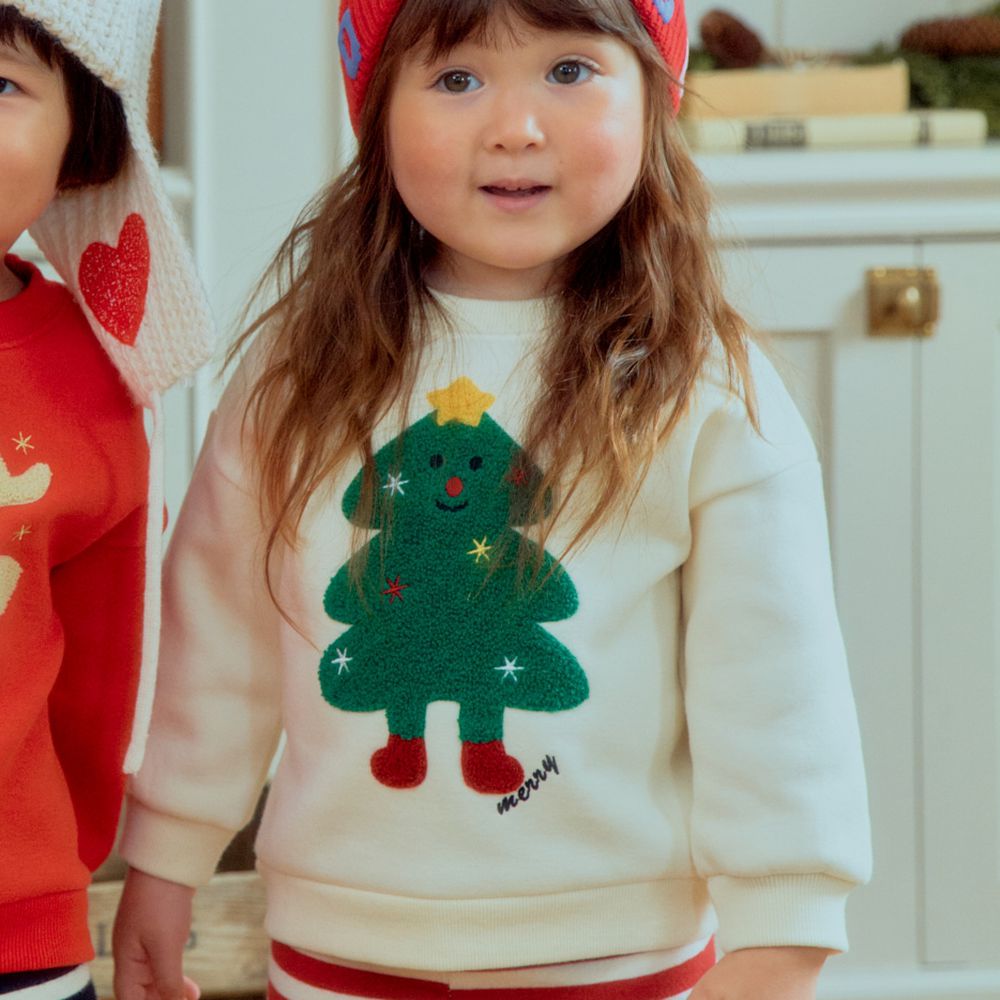 First Blue (內磨毛)聖誕裝飾長袖大學T-聖誕樹-米白