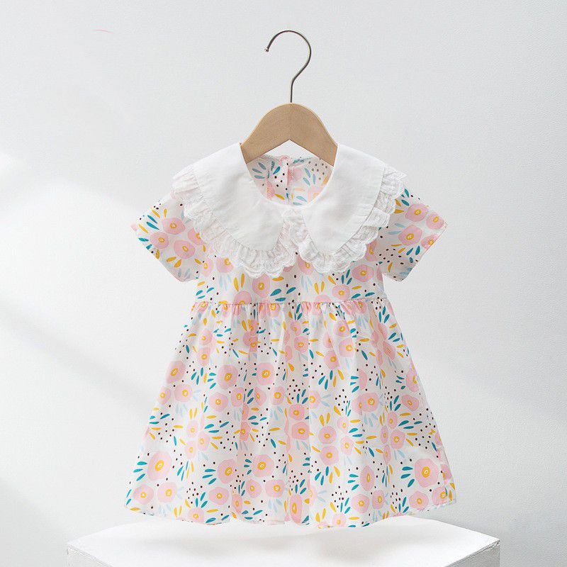 復古娃娃領純棉連身短袖洋裝-藍色花朵