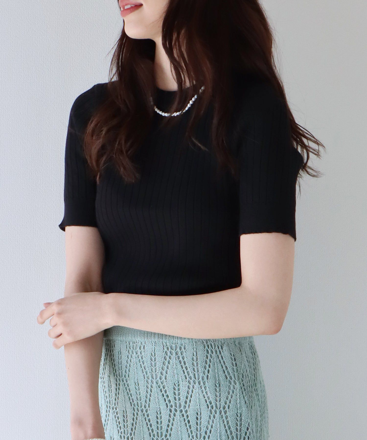 日本 BLUE EAST - 彈性寬羅紋薄針織短袖上衣-淺粉x白