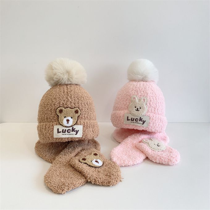 Love, Charlotte - 焦糖色小熊珊瑚絨保暖毛球帽配圍巾套組 (頭圍:46~50cm (建議年齡:1+))