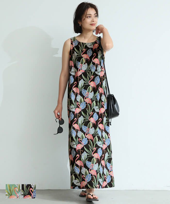 日本 COCA - 熱帶風情印花無袖洋裝-黑