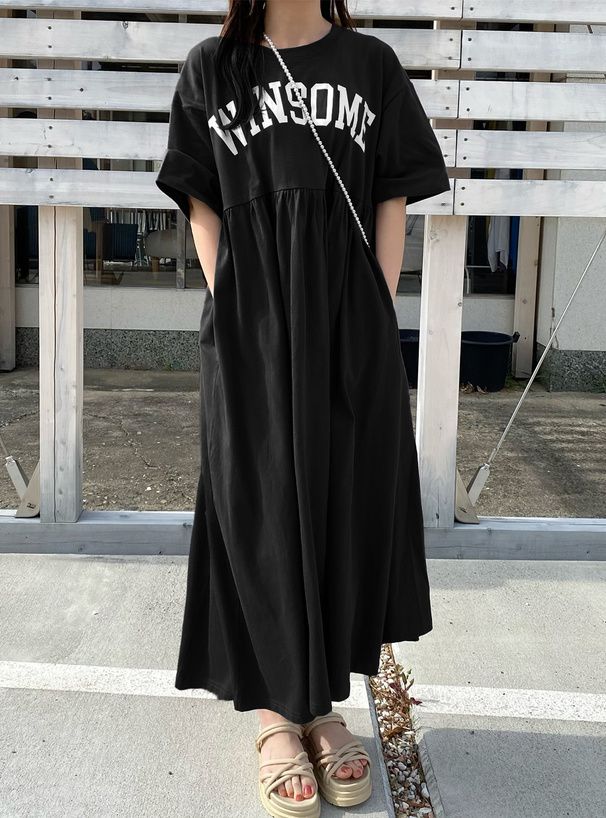 日本 GRL - 純棉美式休閒落肩短袖洋裝-石墨灰 (F)