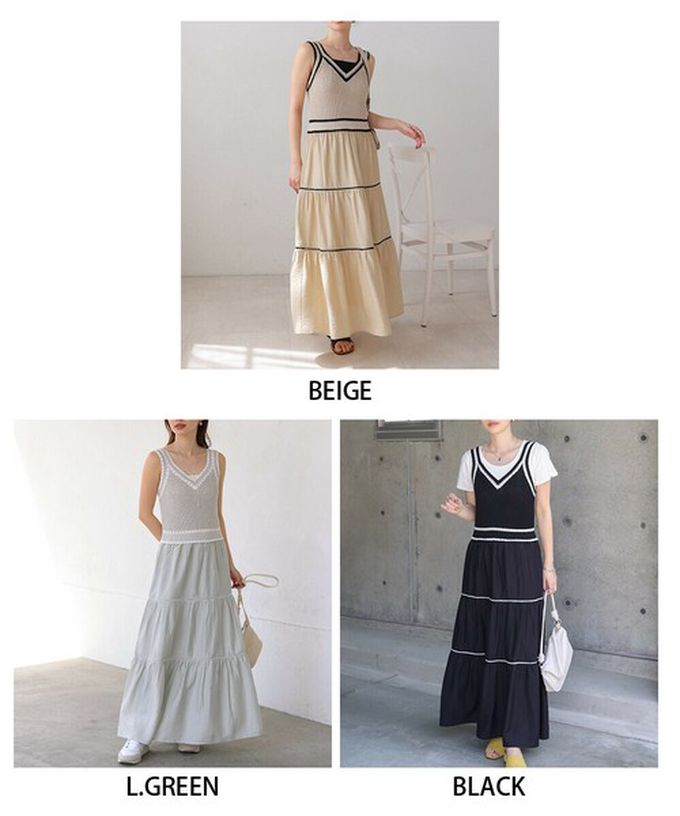 日本 Bab - 純棉針織拼接渡假風無袖洋裝-淺灰綠