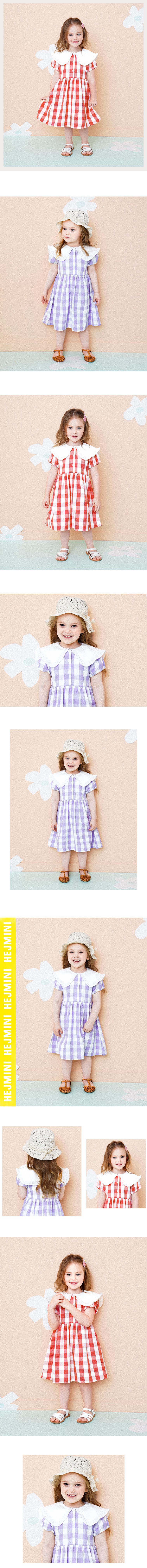 韓國 HEJMINI - 荷葉白領紅格子收腰洋裝-紅