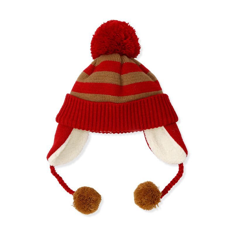 日本 ZOOLAND - 防寒刷毛保暖針織毛帽-小貓條紋撞色-粉x橘 (頭圍(50-54cm))