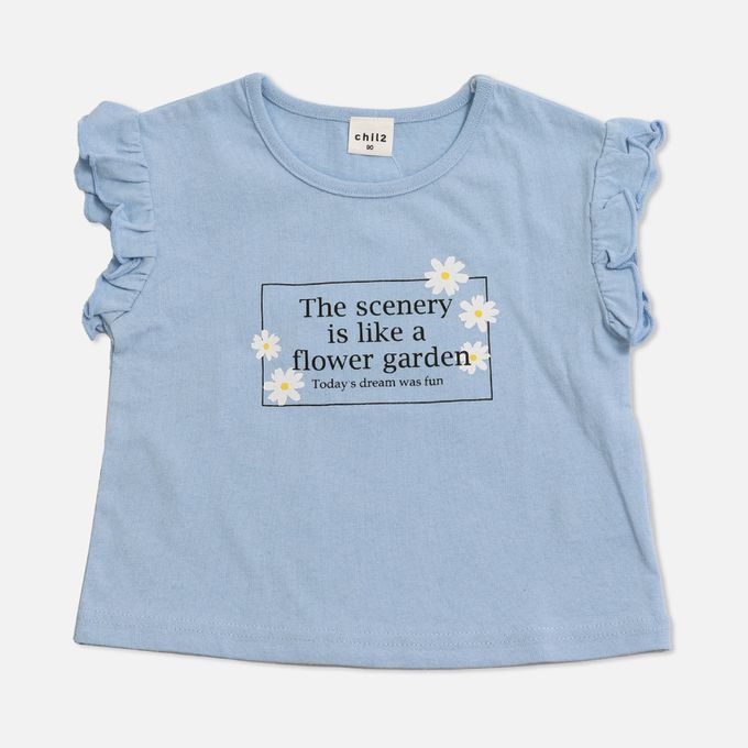 日本 Chil2 - 100%棉 荷葉邊女孩印花短袖上衣-巴黎鐵塔-奶油白