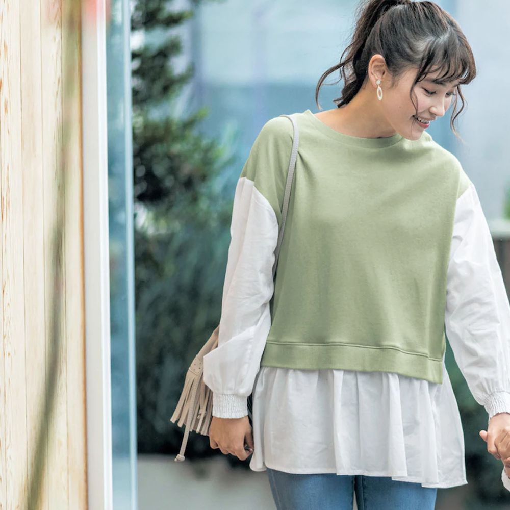 日本千趣會 - (媽媽) 純棉假兩件荷葉衣襬長袖上衣-綠