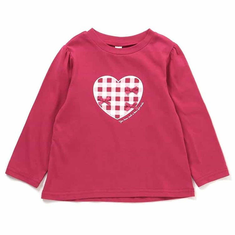 天天穿百搭印花長袖上衣-格子愛心-莓果紅