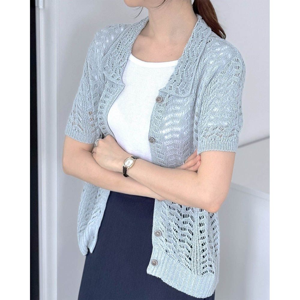 韓製 夏日棉麻翻領短袖針織外套/上衣-淺灰藍 (FREE)