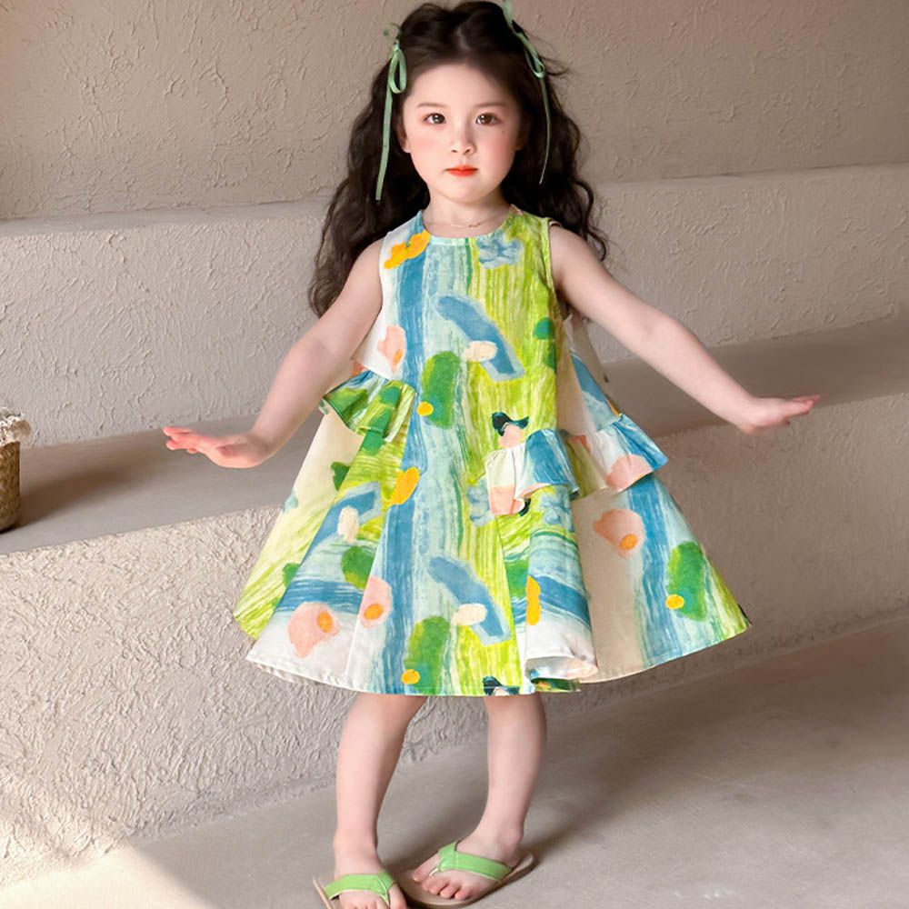 圓領荷葉邊無袖洋裝-藝術彩繪-綠色