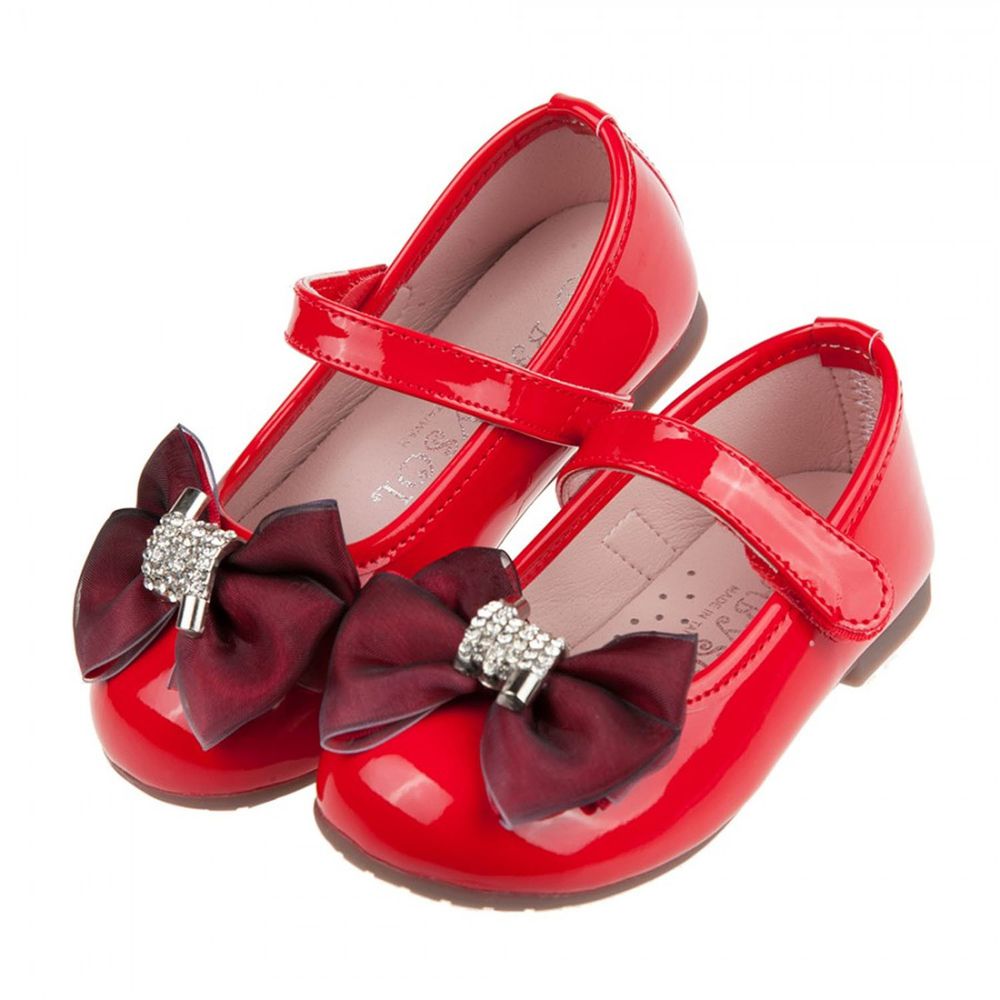 台灣製造 - 環繞亮鑽蝴蝶結亮面紅色兒童公主鞋