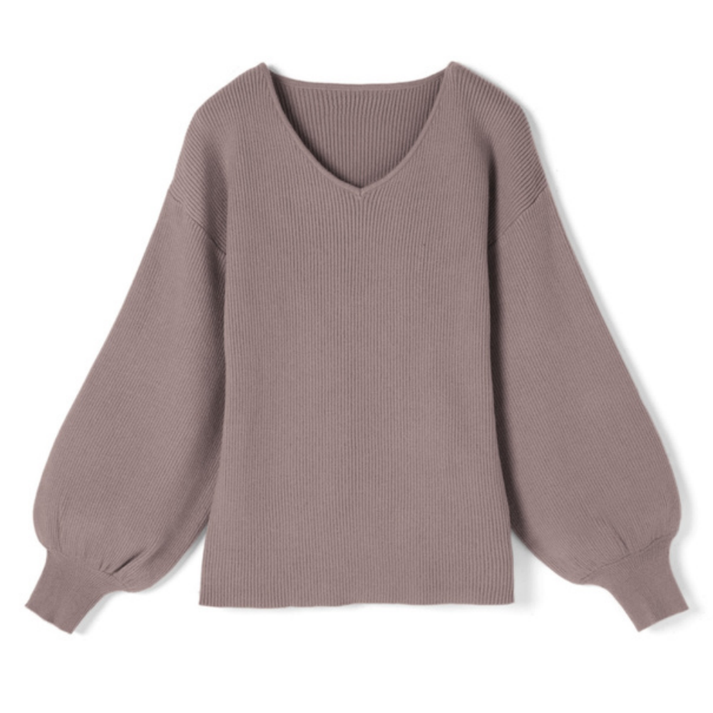 美型修身V領澎袖針織上衣-摩卡 (F)