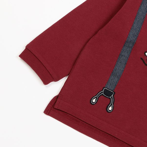 日本 petit main - 聯名款 英倫風刺繡吊帶印花長袖上衣-卡通人物米奇-條紋