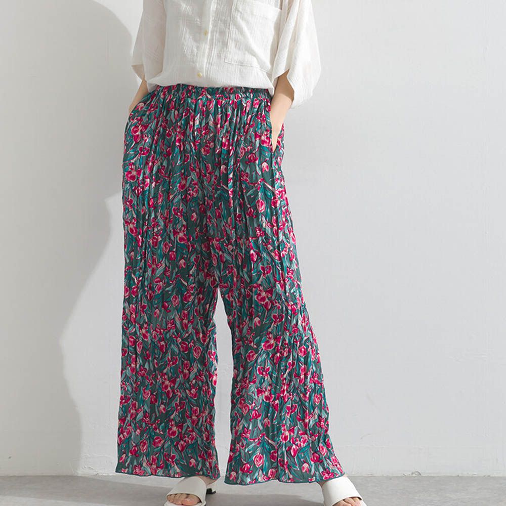 華麗藝文花卉飄逸感皺褶寬褲-綠桃系