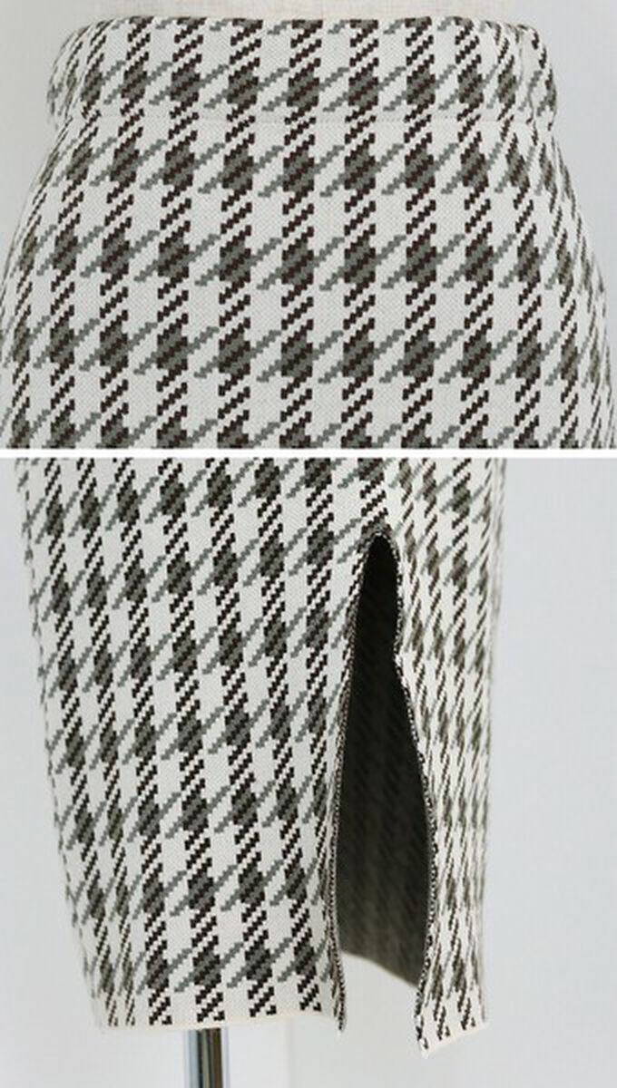 日本 BLUE EAST - 氣質千鳥格針織開叉合身長裙-杏米