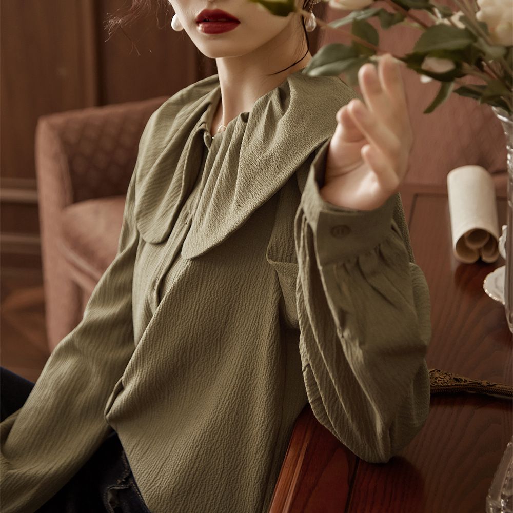 娃娃領長袖襯衫-黑色