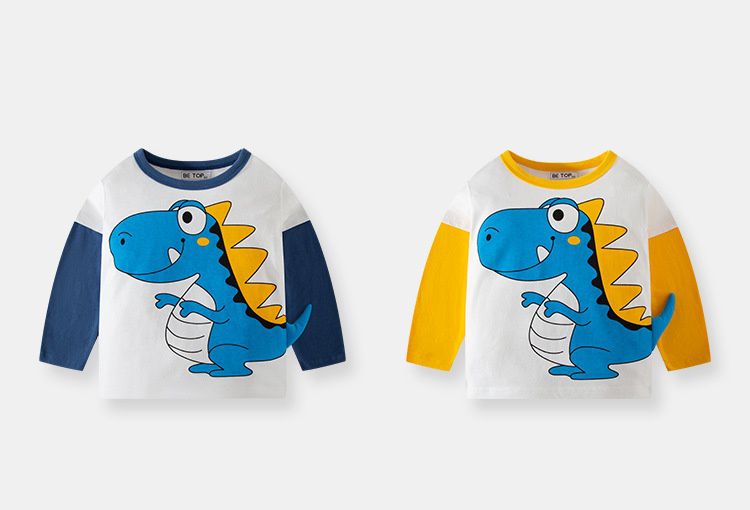 純棉圓領立體薄長袖上衣-呆萌恐龍-海軍藍