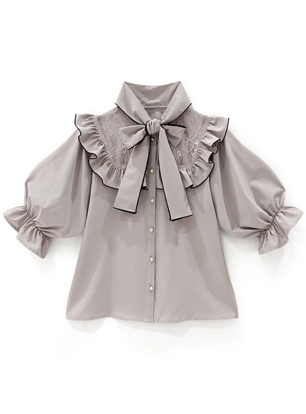 日本 GRL - 蝴蝶結荷葉蕾絲領短袖襯衫-煙燻粉