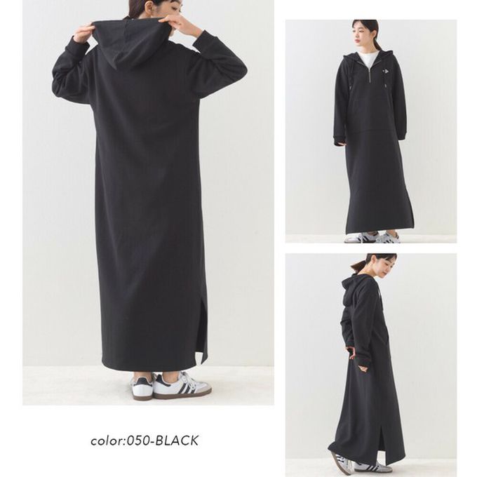 日本 OMNES - 休閒刺繡logo裏毛連帽長袖洋裝-淺灰