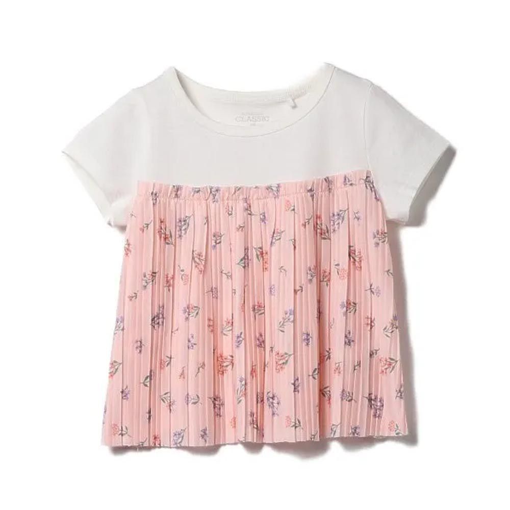 日本西松屋 - 甜蜜小花皺摺拼接短袖上衣-粉紅