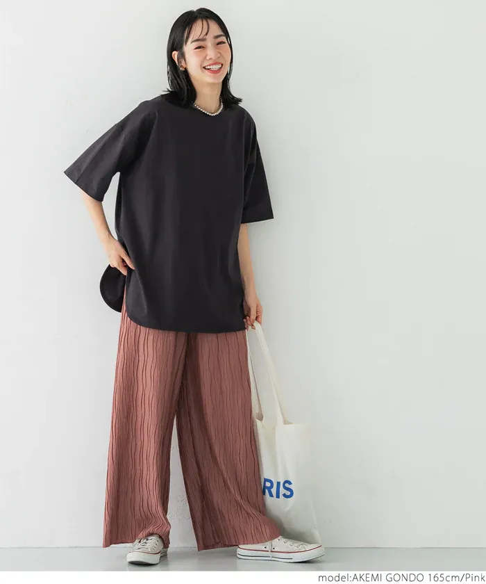 日本 COCA - [可剪裁] 百搭波浪紋垂墜寬褲-草綠