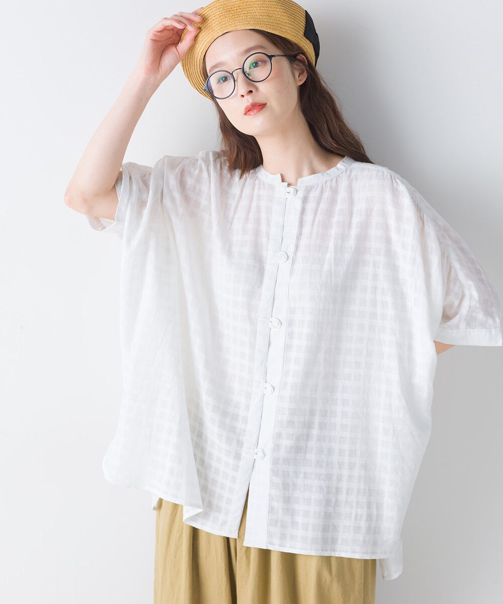 日本女裝代購 - 100%印度棉 透氣淺格紋短袖襯衫-活力紅