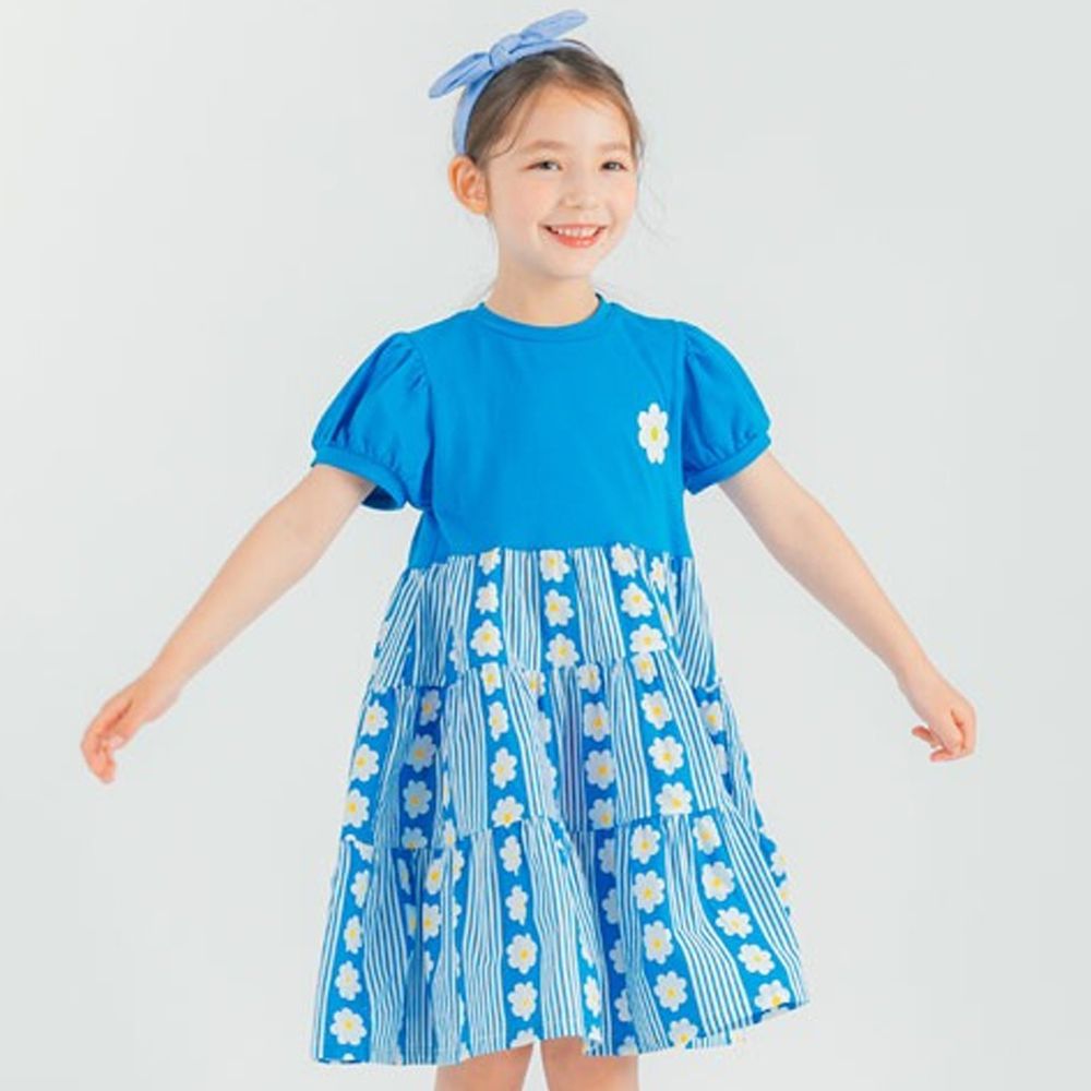 韓國 OZKIZ - 條紋花朵泡泡袖洋裝-藍