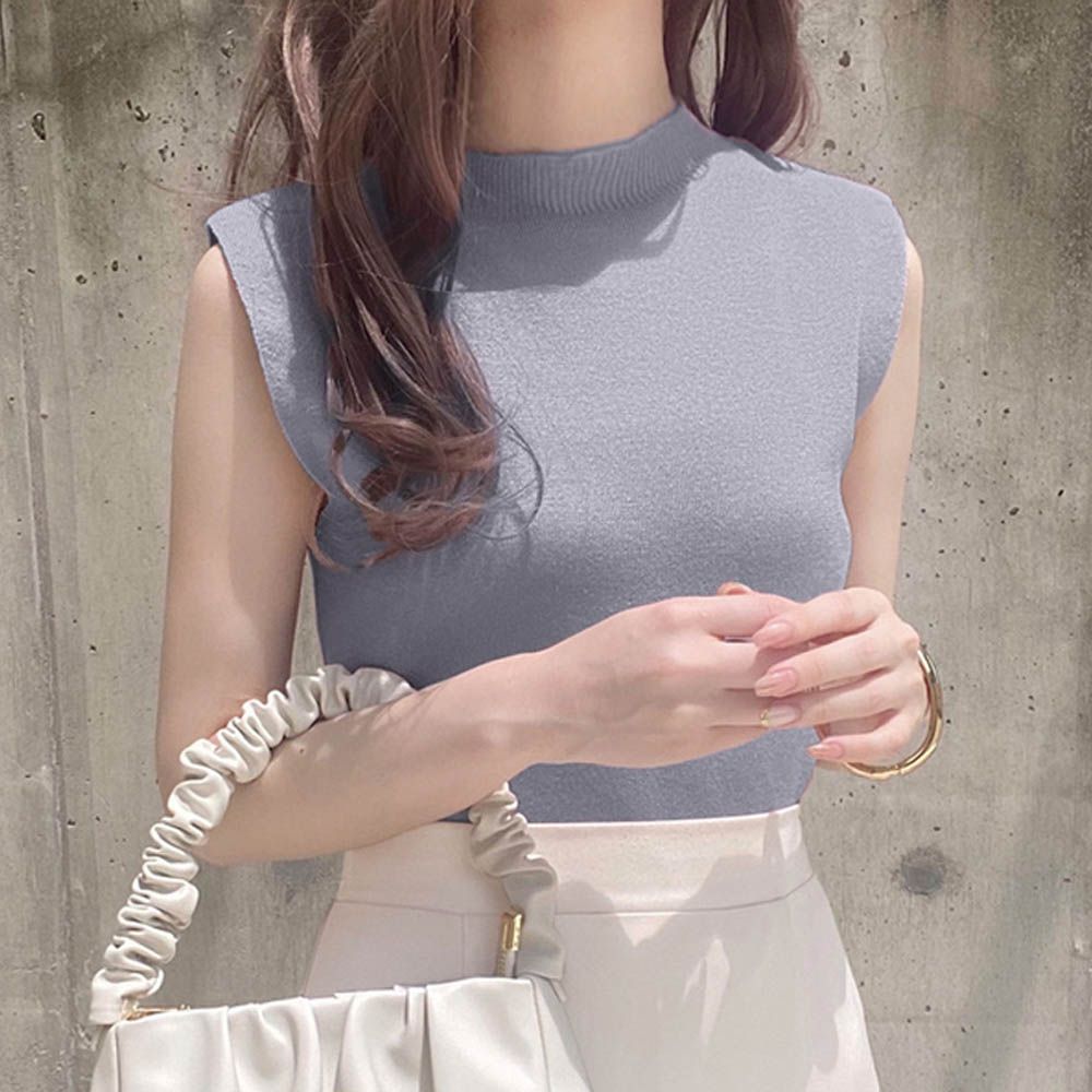 彈性薄針織顯瘦無袖上衣-淺藍