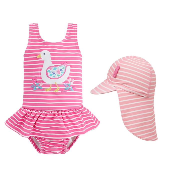 英國 JoJo Maman BeBe - 連身式泳裝+防曬護頸遮陽帽-甜美鴨鴨_JJH3040+粉嫩條紋_JJH2458