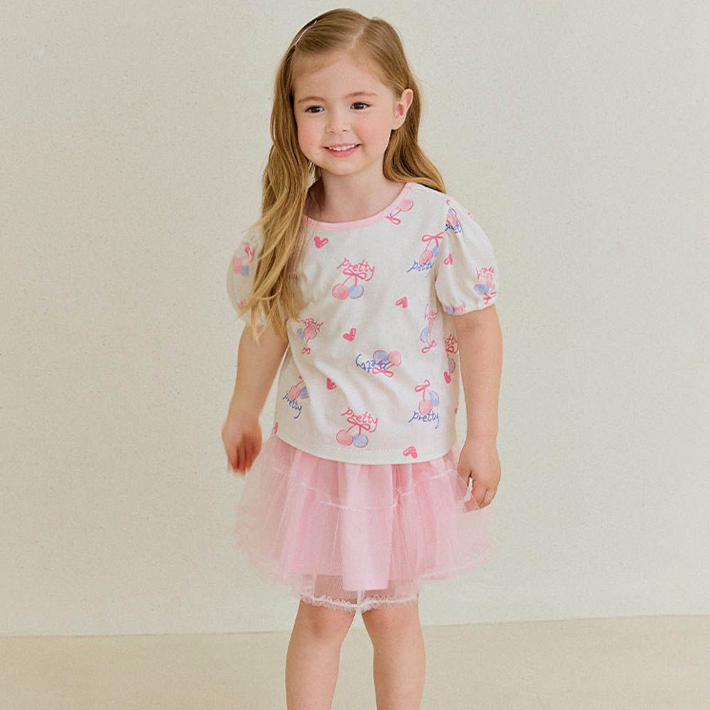 甜美雙色櫻桃泡泡短袖上衣X紗裙套裝-米X粉