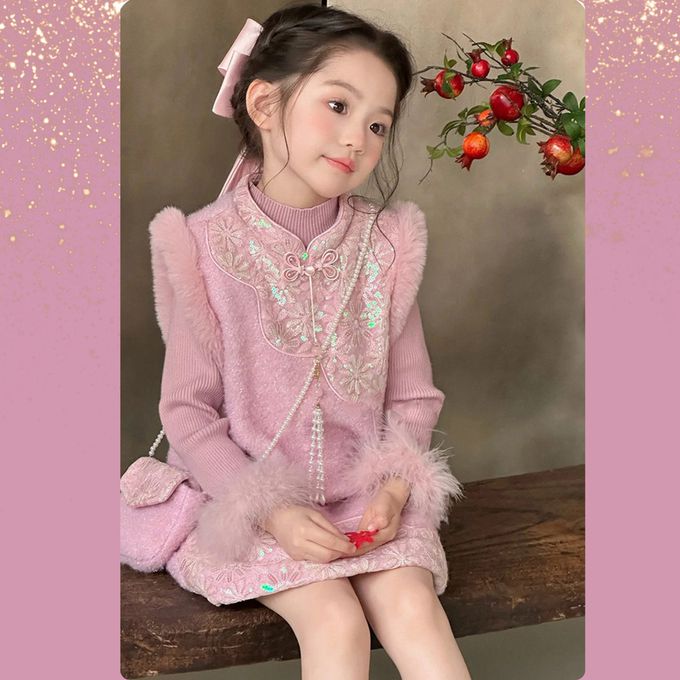 love, charlotte - 甜美新中式旗袍領七彩亮片花朵洋裝贈珠鏈斜背包-拜年新年戰袍