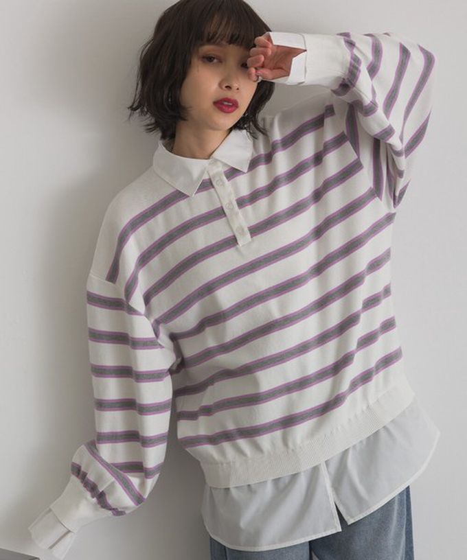 日本 ELENCARE DUE - 假二件襯衫領輕盈落肩長袖上衣-藍灰條紋