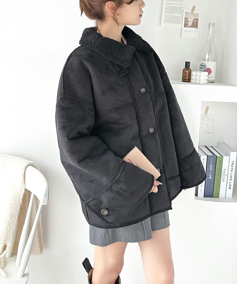 日本 Classical Elf - 麂皮絨毛雙面穿立領保暖外套-摩卡