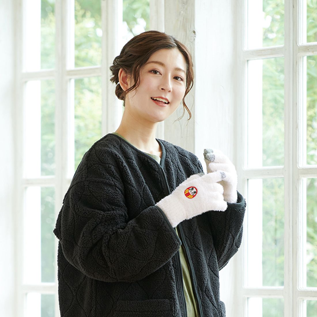 日本 TOMO - 大人可觸控短絨保暖手套-不倒翁-淺米