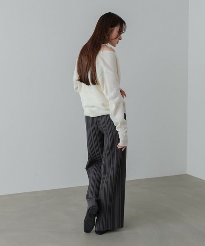 日本 Bab - 光澤修身細百褶舒適長褲-炭灰