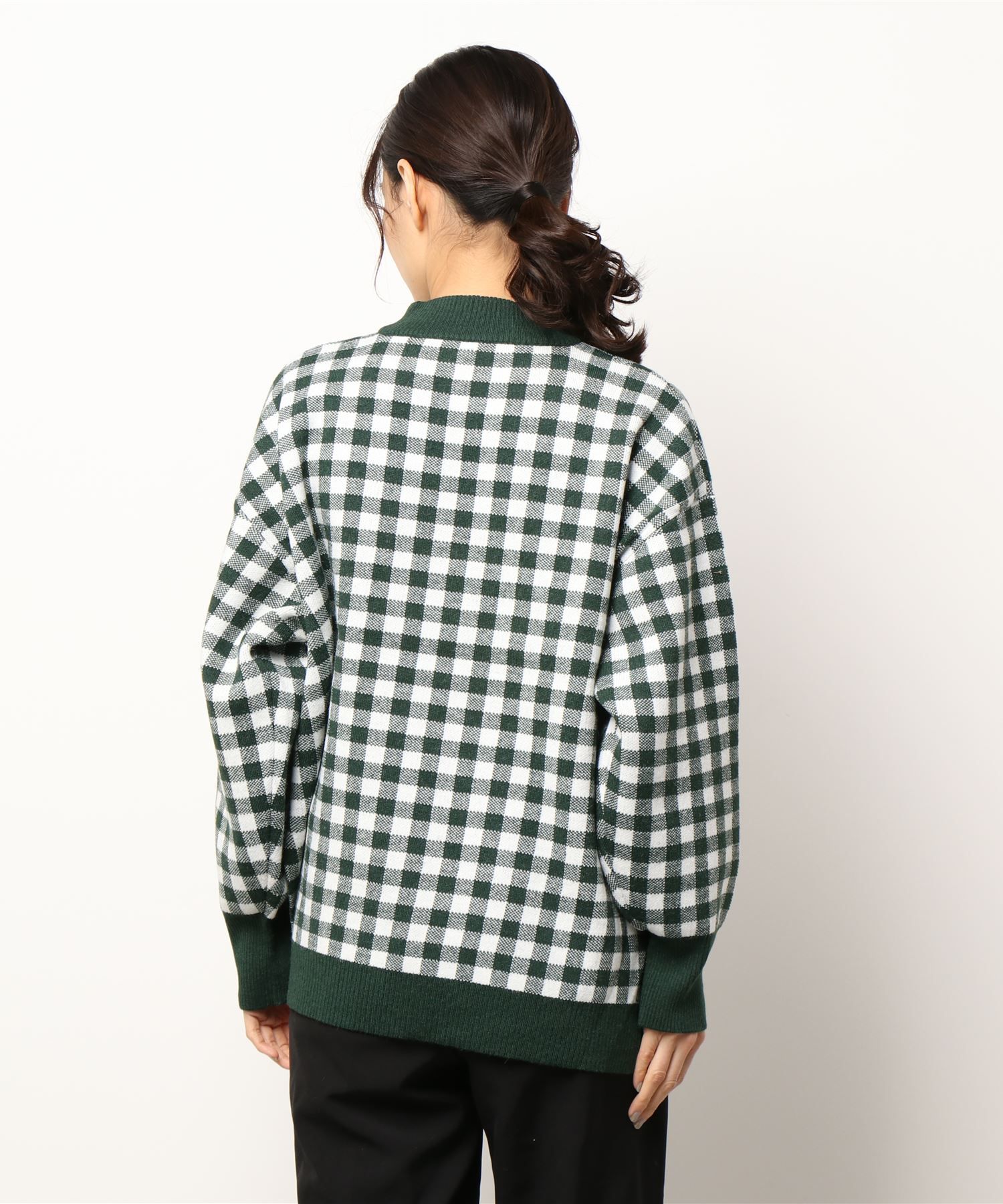 日本 Riche Glamour - 撞色格紋前短後長立領毛衣-杏