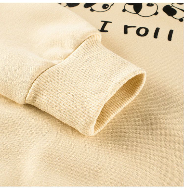 加絨棉質圓領長袖上衣/大學T-翻滾熊貓-杏色