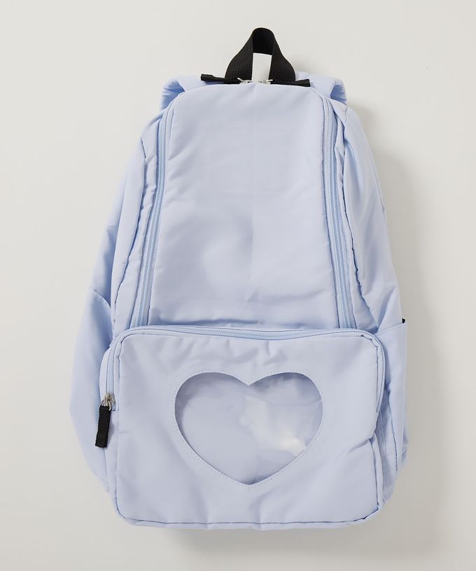 日本 devirock - 心型透明窗(娃包口袋)輕巧大容量後背包-附鏡子-櫻粉