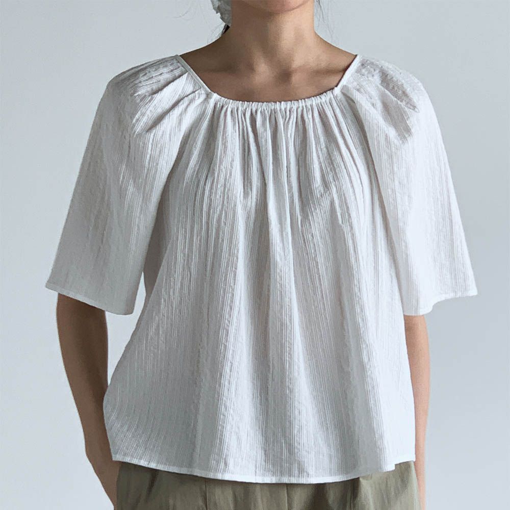 清爽抓褶感五分袖襯衫-白 (FREE)