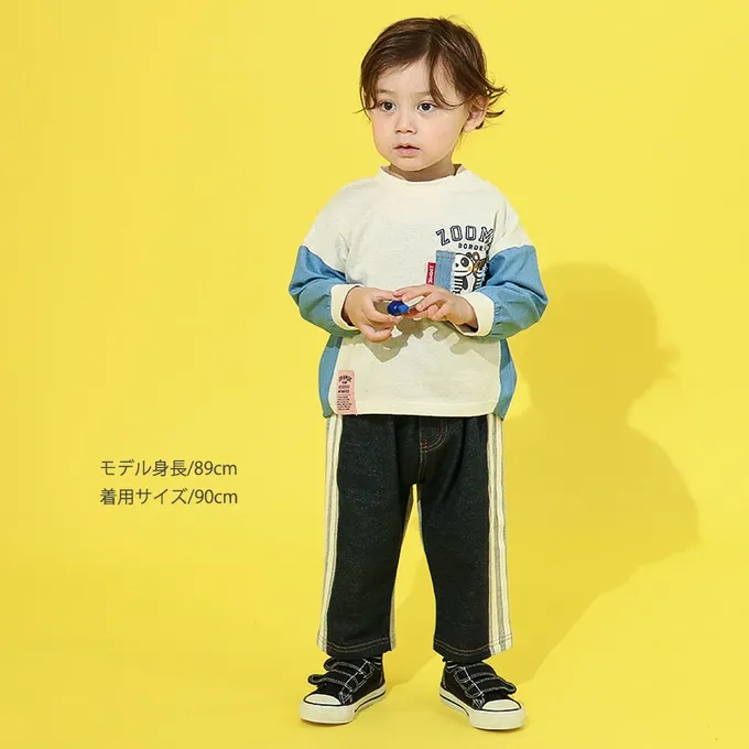 日本 ZOOLAND - 背後熊熊logo側條紋休閒長褲-中藍