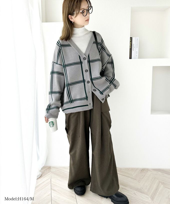 日本 Classical Elf - 歐風大格紋落肩針織外套-黑