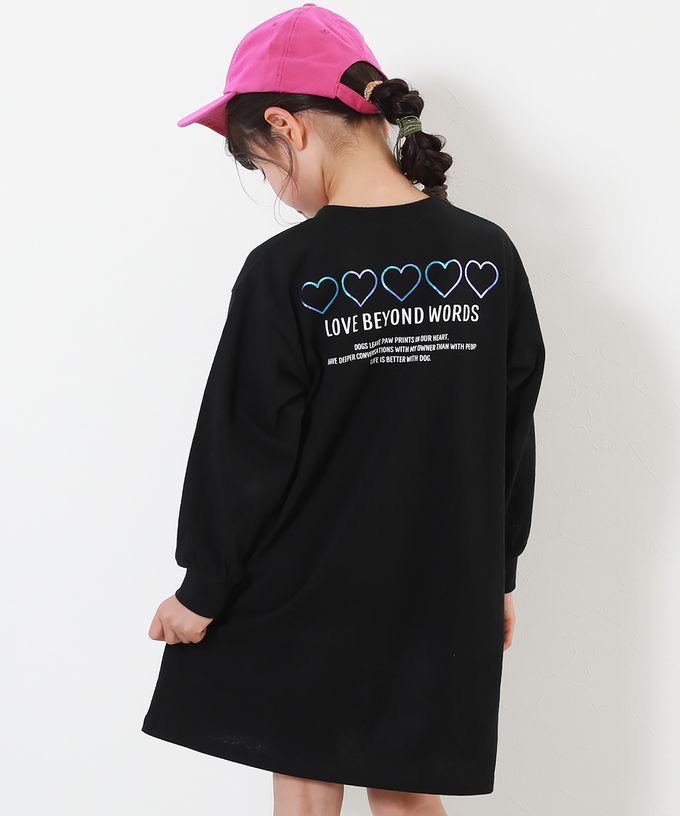 日本 devirock - 100%棉 女孩定番印花長袖洋裝-愛心連發-黑