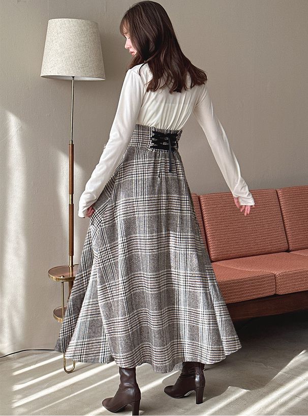 日本 GRL - 後綁帶格紋修身高腰長裙-灰棕