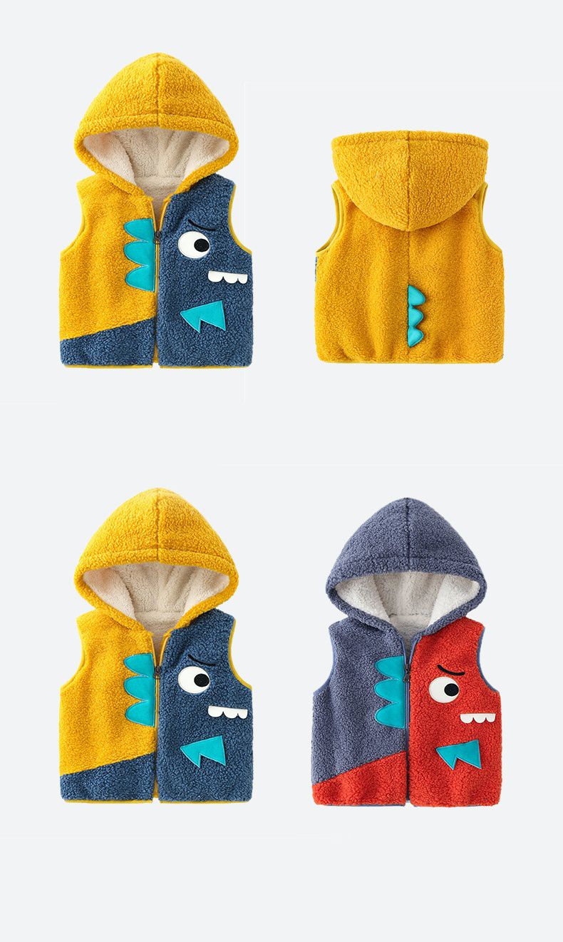 立體造型連帽羊羔絨背心-半臉小妖怪-藍+紅