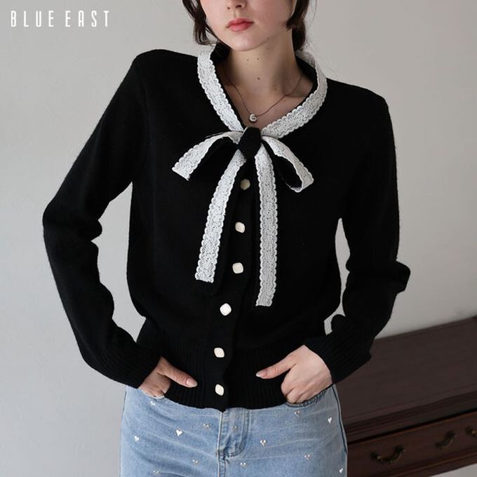 日本 BLUE EAST - 少女爛漫蕾絲蝴蝶結開襟衫-黑