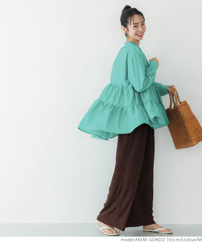 日本 COCA - 氣質蛋糕層次長袖上衣-經典黑