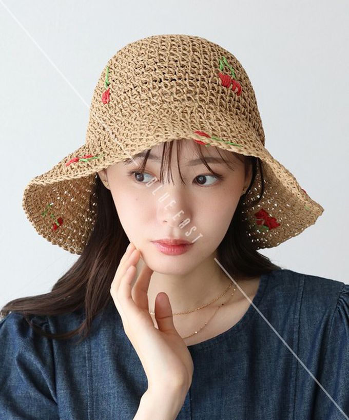 日本 BLUE EAST - 可愛刺繡編織遮陽漁夫帽-淺卡其