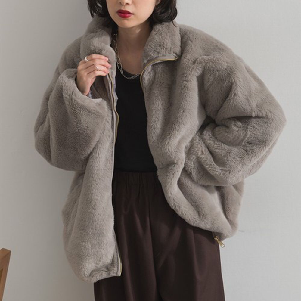 奢華毛絨柔軟寬鬆保暖拉鍊外套-灰摩卡