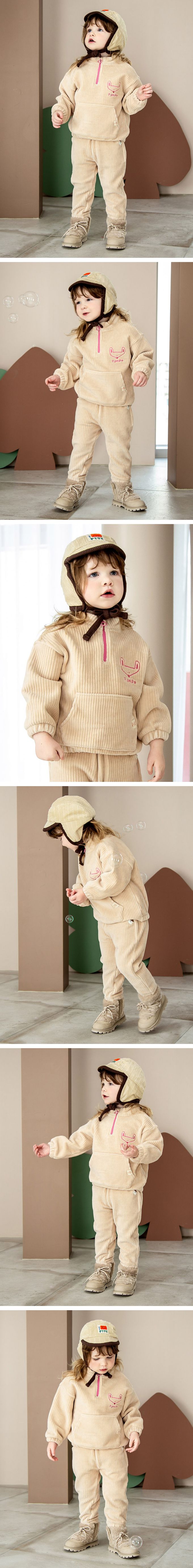 韓國Pimpollo - 手繪狐狸印絨布長袖套裝-淺卡其